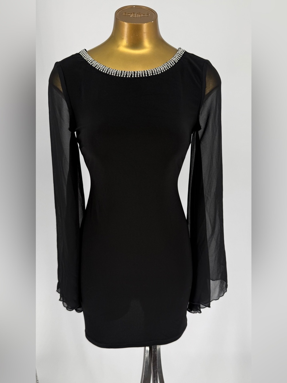 City Triangles Black Long Sheer Sleeve Dress with Rhinestone Neckline Size Small